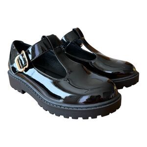 Coutgo Girls Mary Jane T-Strap Shoes Black Patent Size 4 Platform Loafer Style